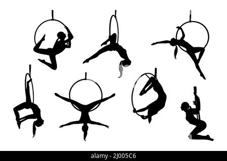 Profilo da ginnastica femminile in cerchio. Acrobazie di ginnastica aerea. Illustrazione vettoriale isolata su sfondo bianco Illustrazione Vettoriale