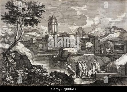Paesaggio con Giuseppe in Egitto. Sébastien Bourdon (Francia, Montpellier, 1616-1671). Francia, circa 1668. Stampe; incisioni. Acquaforte Foto Stock