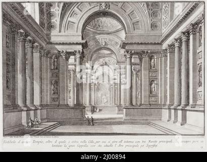 Antico tempio immaginario progettato nello stile di quelli costruiti in onore della dea Vesta: Al centro si trova il grande altare sul quale le Vergini Vestali conservavano l'inestinguibile fuoco sacro.... Giovanni Battista Piranesi (Italia, Mogliano, 1720-1778). Italia, circa 1743. Stampe; incisioni. Incisione con incisione e punto secco Foto Stock