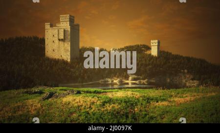Misterioso castello nella foresta profonda sulla collina. Fiaba bellissimo paesaggio al tramonto. 3D rappresentazione illustrazione. Foto Stock