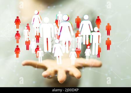 Le icone dei collegamenti digitali volano sulla mano di mans Foto Stock