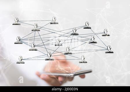 Le icone dei collegamenti digitali volano sulla mano di mans Foto Stock