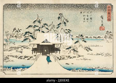 Stagno di Inokashira e Santuario di Benzaiten nella neve. Utagawa Hiroshige (Giappone, Edo, 1797-1858). Giappone, circa 1844-1845. Stampe; blocchi di legno. Stampa a blocchi di legno a colori Foto Stock