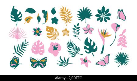 Set astratto con foglie tropicali d'arte piatta. Illustrazione Vettoriale