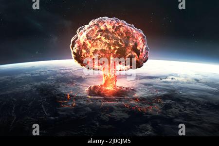 3D illustrazione della guerra nucleare, distruzione del pianeta. Guerra mondiale, ultimi giorni dell'umanità. Elementi di immagine forniti dalla NASA Foto Stock