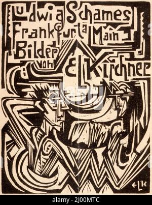 Ludwig Schames, Francoforte sul meno: Foto di E. L. Kirchner. Ernst Ludwig Kirchner (Germania, 1880-1938). Germania, Francoforte, 1919. Stampe; tagli di legno. Legno tagliato su cartoncino di copertura giallo Foto Stock