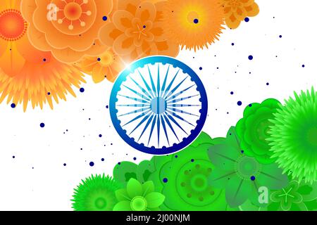Indipendenza indiana 15 agosto o repubblica giorno 26 gennaio banner. India paese nazionale vacanza flyer orizzontale. Poster di festa dei fiori in colori di bandiera con simbolo della ruota. Illustrazione vettoriale Illustrazione Vettoriale