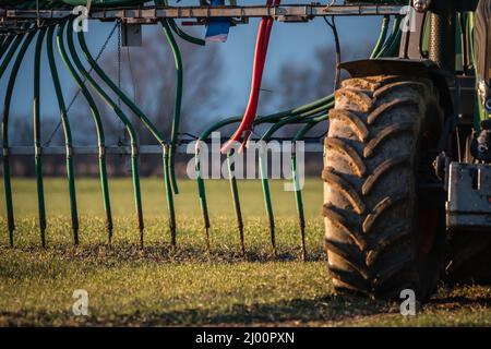 Primo piano di spandimento di concime liquido Foto Stock