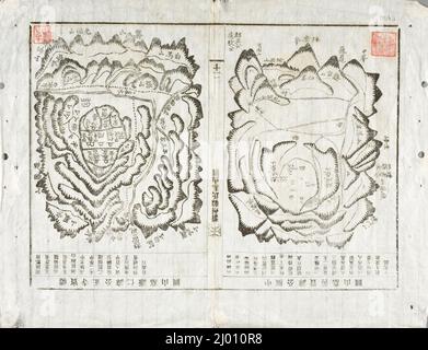 Mappa dei siti di sepoltura ancestrale della Famiglia Han di Chonju. Corea, Corea, dinastia Joseon (1392-1910), 18th secolo. Stampe; tagli di legno. Stampa a blocchi di legno, inchiostro su seta Foto Stock