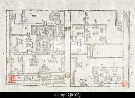 Mappa dei siti di sepoltura ancestrale della Famiglia Han di Chonju. Corea, Corea, dinastia Joseon (1392-1910), 18th secolo. Stampe; tagli di legno. Stampa a blocchi di legno, inchiostro su seta Foto Stock