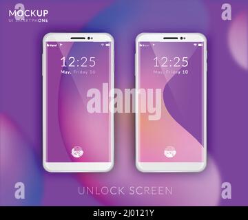 Modello di interfaccia utente per smartphone realistici impostato con immagini di telefoni con schermata iniziale impronta digitale sbloccare illustrazione vettoriale Illustrazione Vettoriale