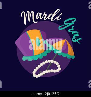 Ombrello isolato e cappello di carnevale colorato Mardi gras poster Vector Illustrazione Vettoriale