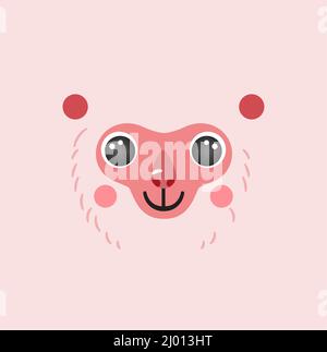 Giapponese macaque neve carino ritratto quadrato sorriso testa cartone animato forma rotonda animale faccia, isolato scimmia vettore icona illustrazione. Semplice piatto disegnato a mano per i bambini poster, carte, t-shirt, vestiti per bambini Illustrazione Vettoriale