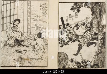 Due pagine singole della Nuova Edizione illustrata di 'Tales of the Water Margin' e un'altra. Katsushika Hokusai (Giappone, 1760-1849). 1805-1835. Libri. Due illustrazioni di libri a pagina singola; stampe a blocchi di legno in bianco e nero Foto Stock