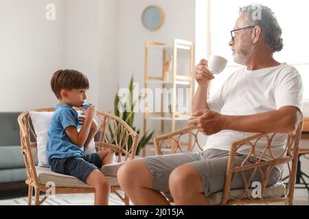 Il ragazzino e il nonno bevono il tè a casa Foto Stock