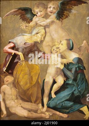 Allegoria della salvezza con la Vergine e Cristo Bambino, Santa Elisabetta, il giovane San Giovanni Battista e due Angeli. Rosso Fiorentino Giovanni Battista di Jacopo (Italia, Firenze, 1494-1540). Italia, circa 1521. Dipinti. Olio sul pannello Foto Stock