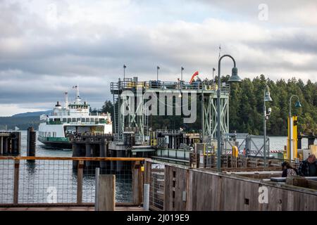 Friday Harbor, WA USA - circa Novembre 2021: Vista del Tillikum Washington state Ferry attracco a San Juan Island, in procinto di scaricare i suoi passeggeri Foto Stock