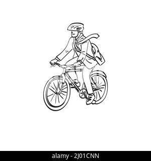 uomo d'affari di arte di linea con casco che guida la bicicletta al lavoro illustrazione vettore disegnato a mano isolato su sfondo bianco Illustrazione Vettoriale