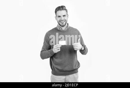 businessman mostrare biglietto da visita. unshaven uomo di affari dimostrare. chiamami. identificazione. Foto Stock