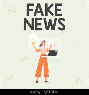 Cartello con la scritta Fake News. Business showcase Falso informazioni non giustificate Figura di una ragazza che utilizza un notebook avere idee e fare Checkl Foto Stock