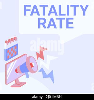 Tasso di mortalità per presentazione della didascalia di testo. Parola scritta sul numero calcolato di morti su una gamma specifica di periodo Monitor disegno con Megaphone Foto Stock