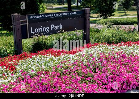 Loring Park sign surrounded by red, white and lavender petunias. Minneapolis Minnesota MN USA Foto Stock