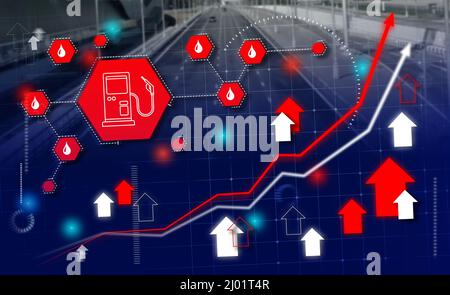 Concetto di aumento dei prezzi del carburante - background hi-tech con segnale pompa benzina e grafico in aumento. Foto Stock