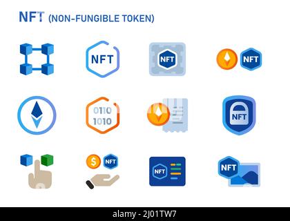 Set di icone NFT, set di illustrazioni grafiche token non-fungibili Illustrazione Vettoriale