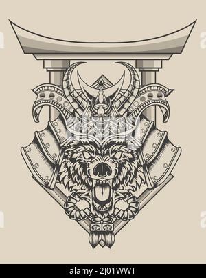 illustrazione lupo samurai testa con stile monocromatico Illustrazione Vettoriale