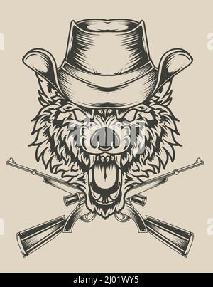 illustrazione testa di lupo con cappello e due pistole Illustrazione Vettoriale