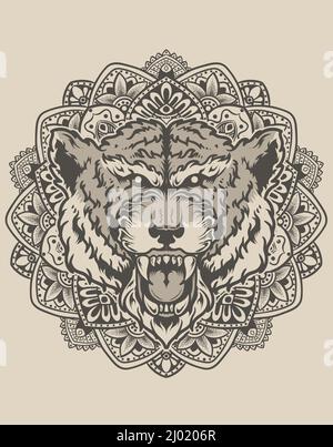 illustrazione testa tigre con ornamento mandala Illustrazione Vettoriale