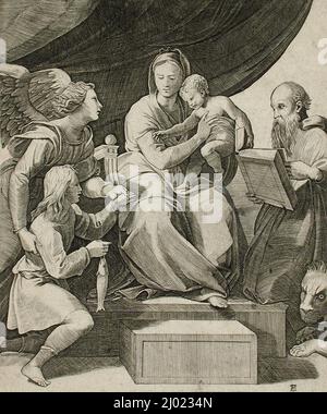 La Vergine del Pesce. Marco dente (Italia, Ravenna, 1527) Raffaello Sanzio (Italia, 1483-1520). Italia, c.. 1500-1550. Stampe; incisioni. Incisione Foto Stock