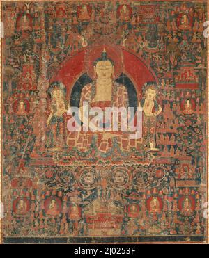Il Buddha di Jina di luce infinita (Amitabha) nel suo Paradiso di Terra pura (Sukhavati). Tibet occidentale, Guge, 15th secolo. Dipinti. Pigmenti minerali su tela di cotone Foto Stock