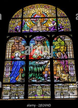 Morte di Joseph Mary Baby Jesus Stained Glass Basilica Chiesa Immacolata Concezione Beata Mary Phoenix Arizona fondata 1881 ricostruito vetrate fr Foto Stock