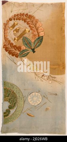 Frammento di Kosode (Kimono) con aghi di cresta e pino. Giappone, prima metà del 18th secolo. Tessuti. Tela di seta (crespa; chirimen), tinteggiato a pennello (hikizome), seta, filo di seta avvolto in carta dorata, ricamo in carta dorata, tinto pasta-resist (noribosen) Foto Stock