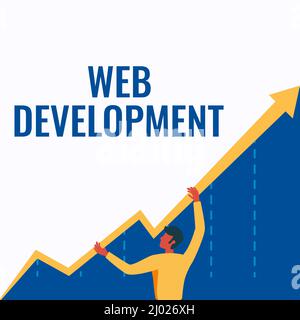 Firma che mostra lo sviluppo Web. Business Approach Web Development Man Drawing Holding grafico freccia che mostra la crescita aziendale. Foto Stock