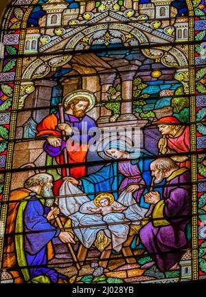 Joseph Mary Baby Jesus Presepe Stained Glass Basilica Chiesa Immacolata Concezione Beata Mary Phoenix Arizona fondata 1881 ricostruito vetrate fr Foto Stock