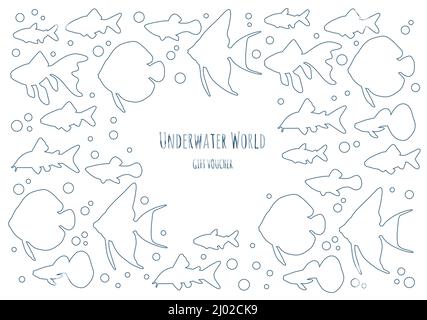 Modello di cornice per pesci acquario in linea art style.Vector illustrazione piatta Illustrazione Vettoriale