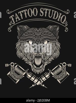 illustrazione logo studio tatuaggio lupo Illustrazione Vettoriale