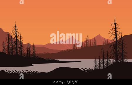 Vista sulle montagne con una silhouette realistica di pini secchi dal lago. Illustrazione vettoriale Illustrazione Vettoriale