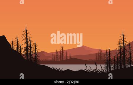 Vista realistica delle montagne e del fiume dall'esterno della città con piccole sagome di erba intorno agli alberi secchi. Illustrazione vettoriale Illustrazione Vettoriale