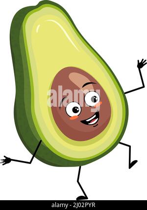 Personaggio avocado con follia emozione felice, viso gioioso, occhi sorridenti, braccia e gambe danzanti. Persona con emoticon di espressione, verdura o frutta. Illustrazione piatta vettoriale Illustrazione Vettoriale