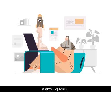 businesswoman arabo lancio razzo da laptop progetto creativo azienda sviluppo startup business concept Illustrazione Vettoriale