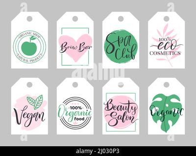 Etichette per prodotti biologici per il benessere, la salute e la bellezza. Spa, centro yoga sano logo vettore illustrazione set. Prodotti naturali, elementi termali Illustrazione Vettoriale
