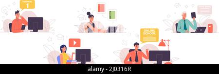 Formazione online, corsi e formazione, concetto di e-learning. Personaggi maschili e femminili che studiano set di illustrazioni vettoriali online. Formazione online e. Illustrazione Vettoriale