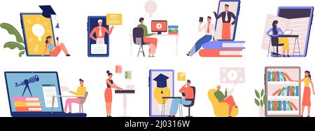 Formazione online, formazione in video lingue, workshop digitale, concetto di e-learning. Imparare online a casa con il set di illustrazioni vettoriali per videochiamate. E Illustrazione Vettoriale