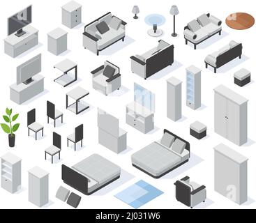 Mobili isometrici per la casa, elementi interni per camera da letto e soggiorno. guardaroba in tessuto, letto e divano set di illustrazioni vettoriali. Arredamento moderno Illustrazione Vettoriale