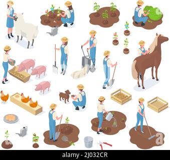 Elementi di agricoltura isometrica giardino, agricoltori e animali domestici. Lavoratori agricoli e animali agricoli vettore illustrazione set. Fattoria Illustrazione Vettoriale