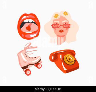 Disegno a mano vettore astratto stock flat grafica illustrazioni colection set con retro, vintage boho labbra moderne, hippie girl ritratto, telefono e rullo Illustrazione Vettoriale