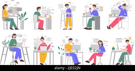 Sviluppo di software, programmatori di siti web e web designer. Giovane uomo che scrive codice su computer vettore illustrazione set. Disegno grafico del movimento Illustrazione Vettoriale